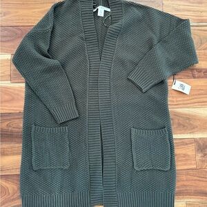 Open-Front Olive Knit Cardigan with Patch Pockets